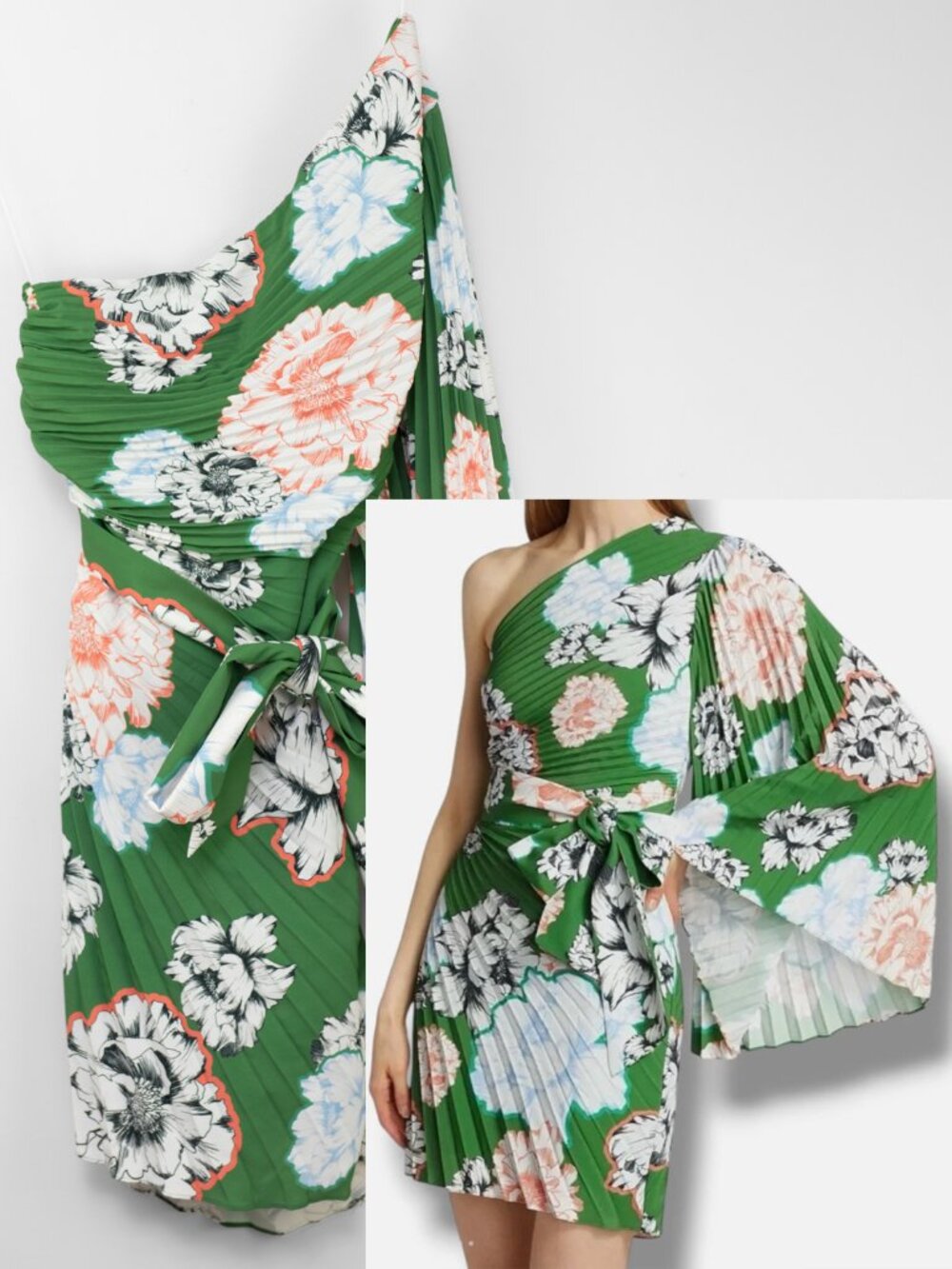 Milly Linden Petals In Bloom Dress Pleated Mini Floral One Shoulder Green